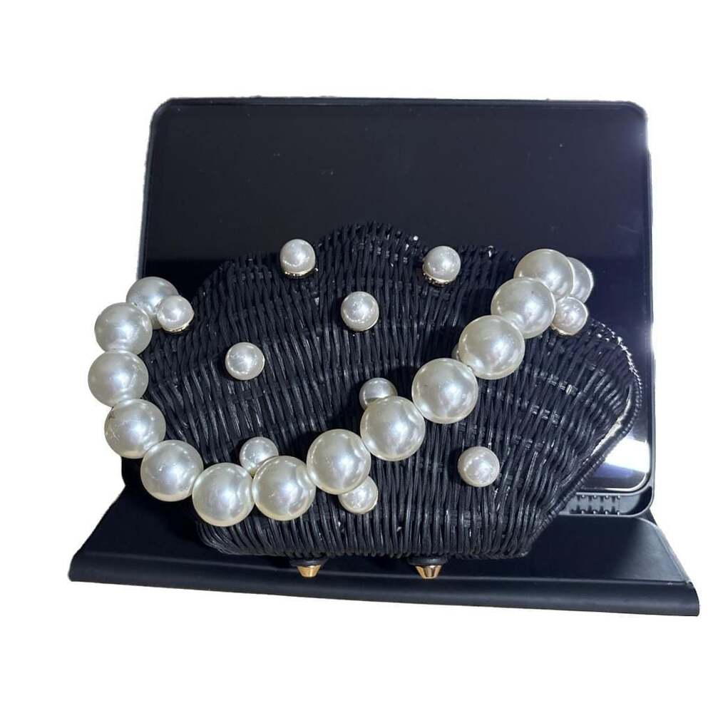 btb los angeles Black Wicker Shell Clutch with Oversized Pearl Accents RARE